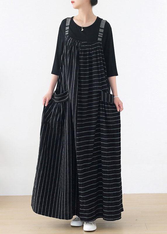 Classy Black Striped Pockets Carpenter Fall Linen Dress