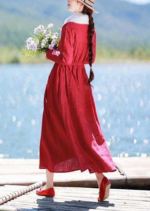 Red Quilting Clothes O Neck Drawstring Kaftan Spring Dresses