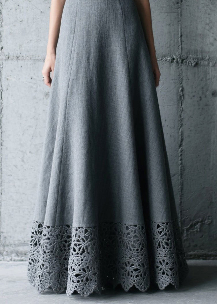 Charcoal Grey V Neck Patchwork Cotton Long Dress Summer