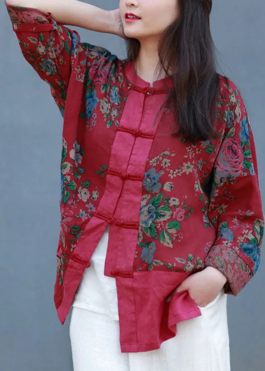 Red Stand Collar Patchwork Print Linen Blouses Spring