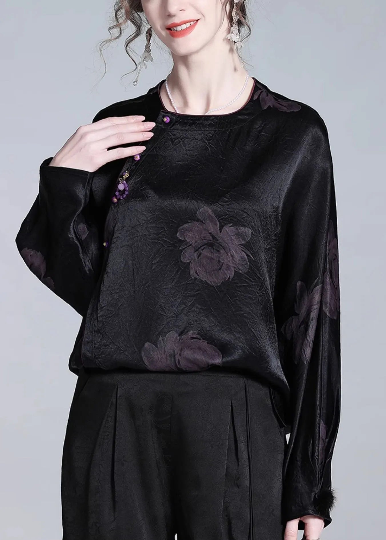 Loose Black O-neck Button Print Silk Blouses Fall