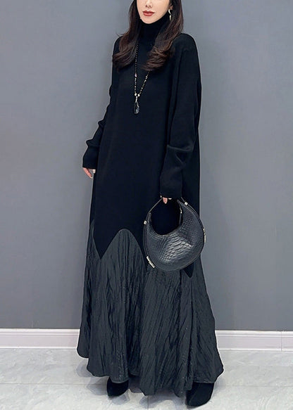 French Black Hign Neck Patchwork Knit Sweater Dress Fall