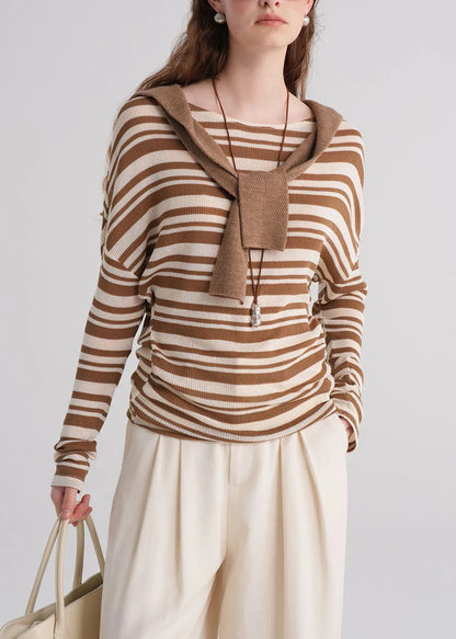 Brown O Neck Striped Knit Blouse Top Fall