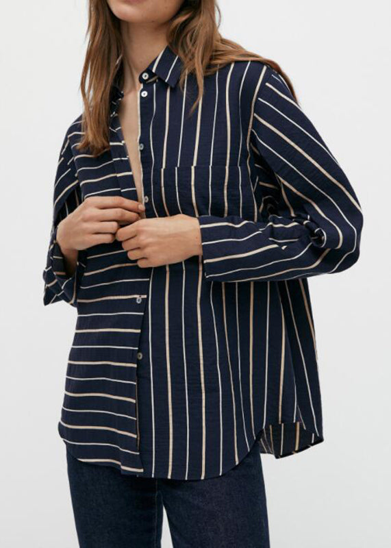 Black Striped Patchwork Low High Design Cotton Shirt Spring