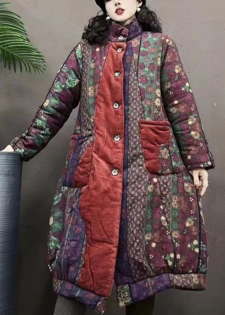 Navy Pockets Print Patchwork Warm Fleece Coats Winter