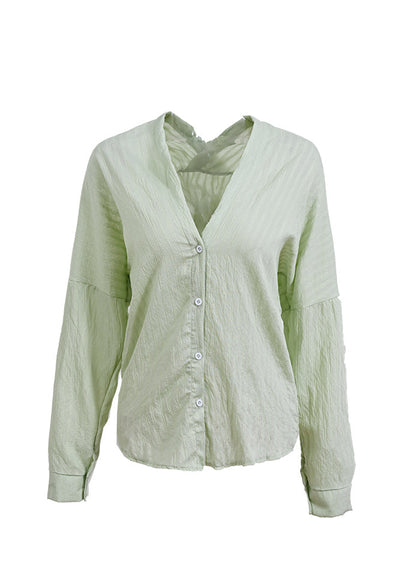 Green Button Patchwork Cotton Coat Outwear V Neck Fall