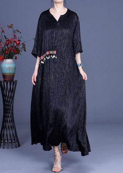 Green Embroidery Summer Silk Long Dress