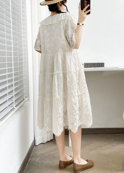 White V Neck Button Ruffled Cotton Dress Summer