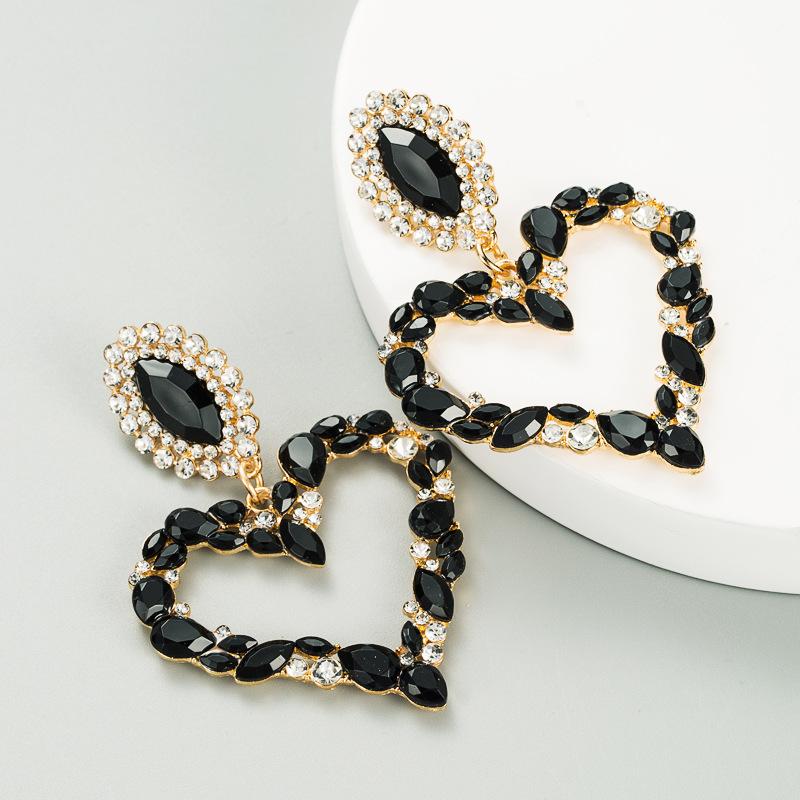 Heart-shaped Alloy With Colored Diamonds Retro Temperament Exaggerated Earrings