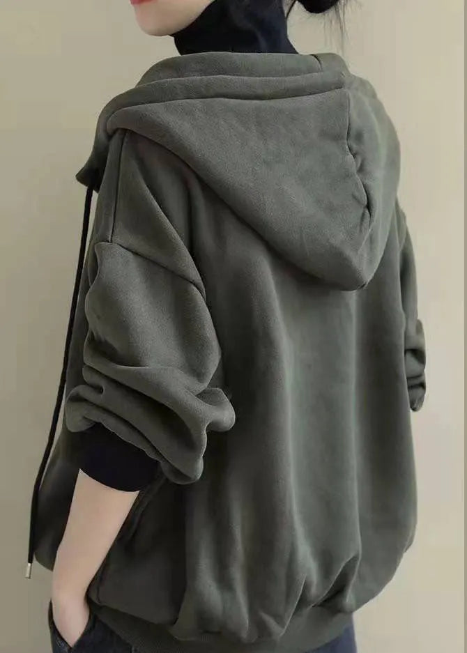 Army Green Drawstring Warm Fleece Sweatshirts Top Spring
