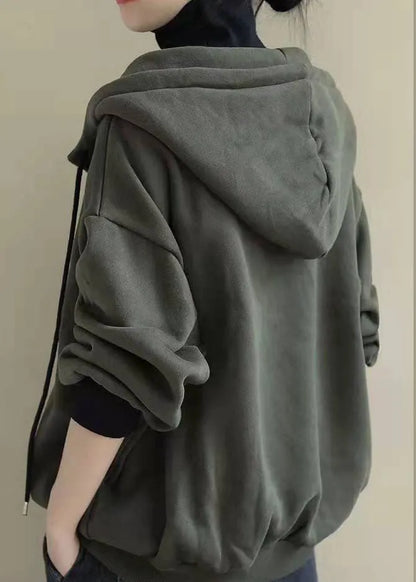 Army Green Drawstring Warm Fleece Sweatshirts Top Spring