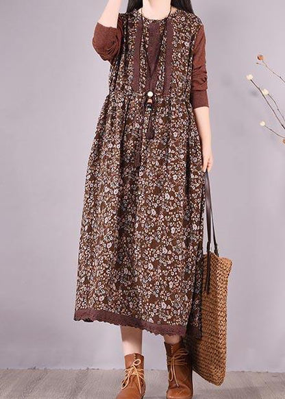 Natural O Neck Lace Spring Clothes Design Chocolate Print Maxi Dress