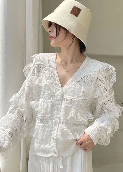 White V Neck Hollow Out Ruffled Blouses Spring
