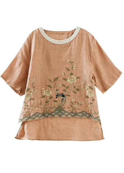 Orange Embroideried Linen Shirt Top Summer