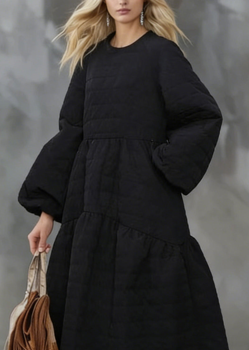 Black O Neck Pockets Patchwork Fine Cotton Filled Dress Winter