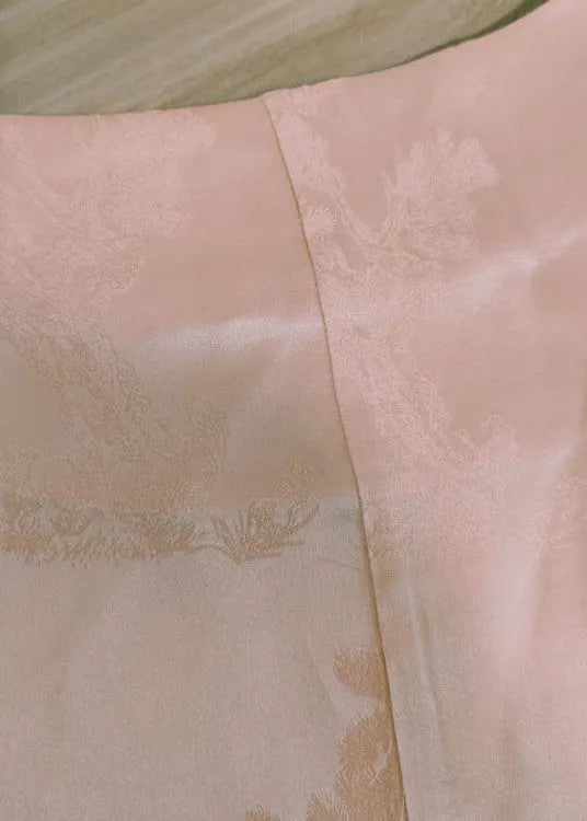 Pink O-neck Jacquard Button Silk Blouse Tops Half Sleeve