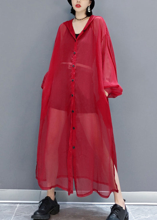 Loose Red Hooded Button Pockets Tulle Upf 50+ Coat Long Sleeve