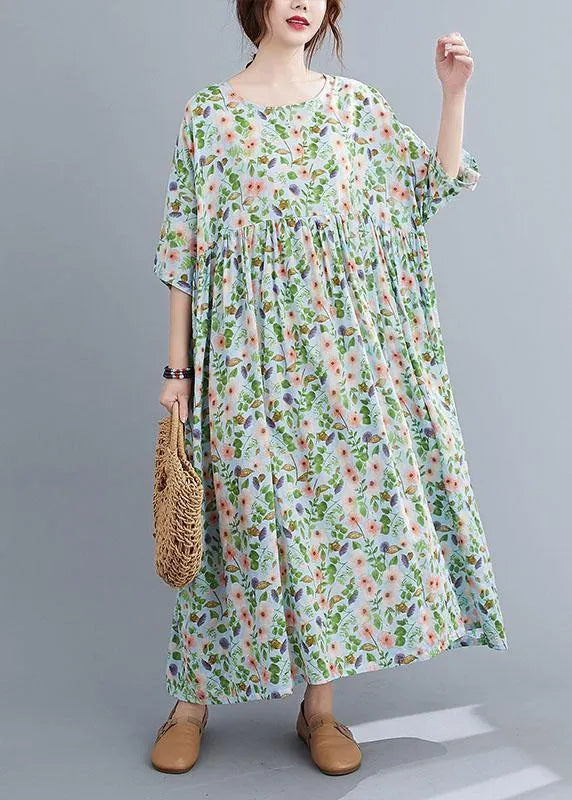 Light Green O-neck Patchwork Print Summer Dress Half Sleeve