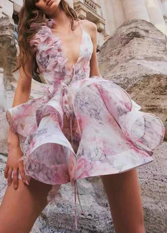 Pink Backless Lace Up Cotton Mid Dress Summer