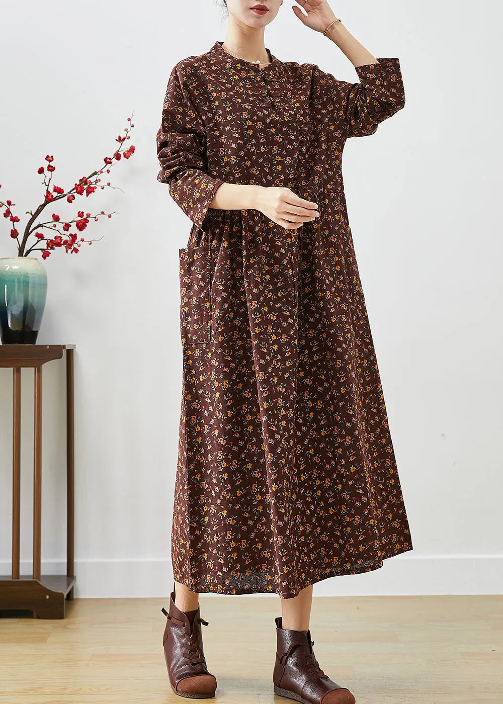 Chocolate Cinched Print Pockets Cotton Dresses Fall