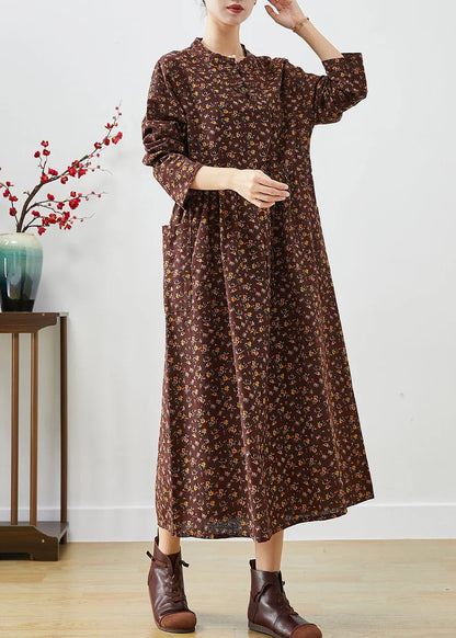 Chocolate Cinched Print Pockets Cotton Dresses Fall