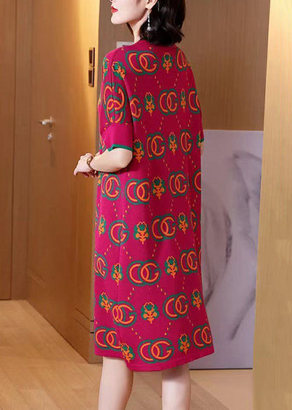 Rose V Neck Print Knit Dress Short Sleeve