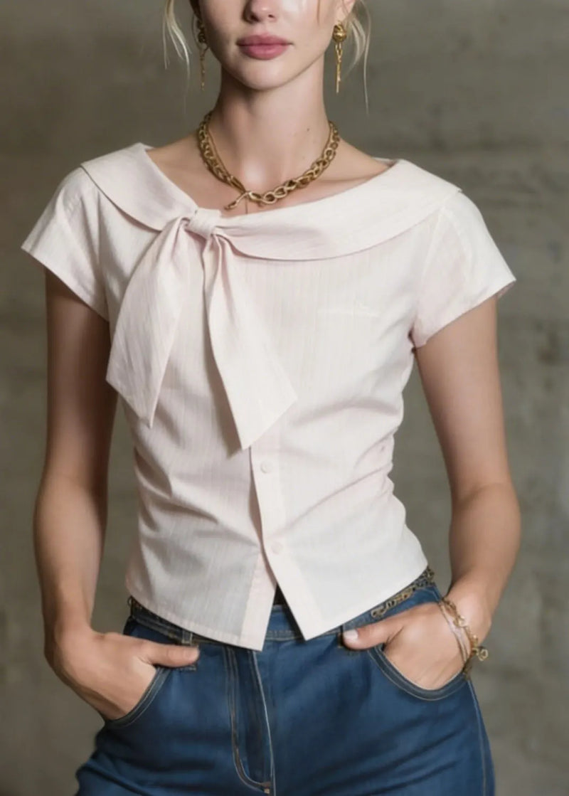 French Pink O Neck Bow Button Cotton Tops Summer