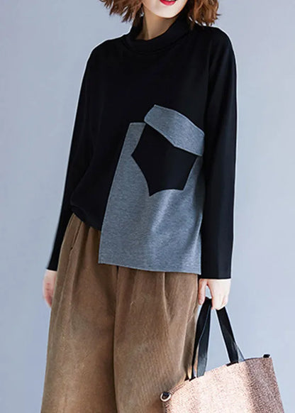 Boutique Black High Neck Asymmetrical Design Cotton Pullover Sweatshirt Spring