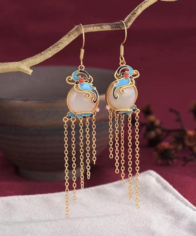 Yellow Jade Cloisonne Gem Stone Butterfly Tassel Drop Earrings