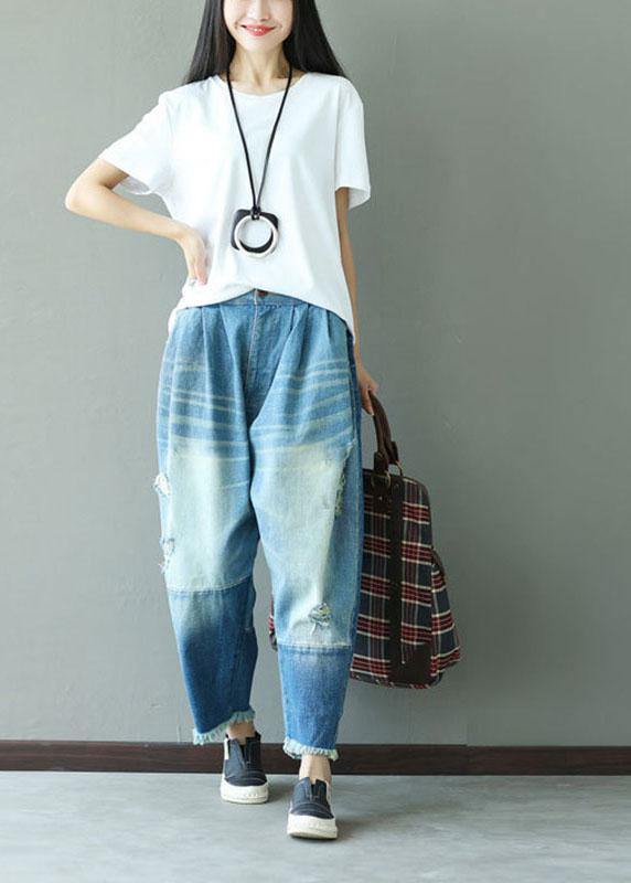 Art Blue Pockets Button Hole Fall Patchwork Pants