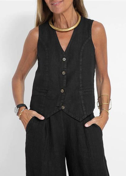 Simple Black Button Waistcoat and Pants Linen Two Pieces Set Summer