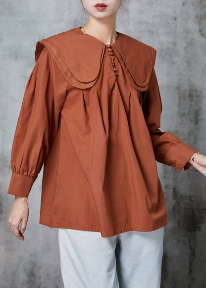 Brown Double-layer Collar Cotton Shirt Top Spring
