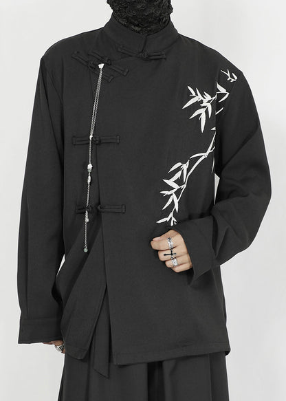 Chinese Style Black Stand Collar Embroideried Patchwork Cotton Shirt Fall