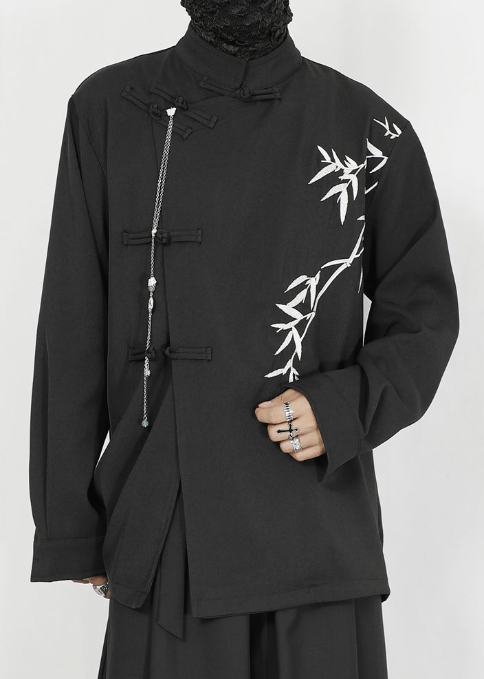 Chinese Style Black Stand Collar Embroideried Patchwork Cotton Shirt Fall