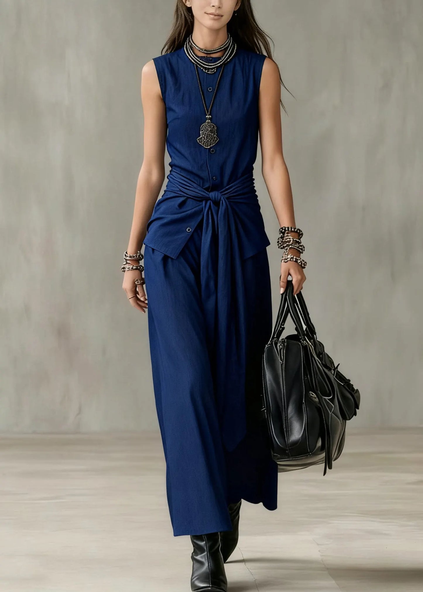 French Navy O Neck Button Tie Waist Denim Two Pieces Set Sleeveless