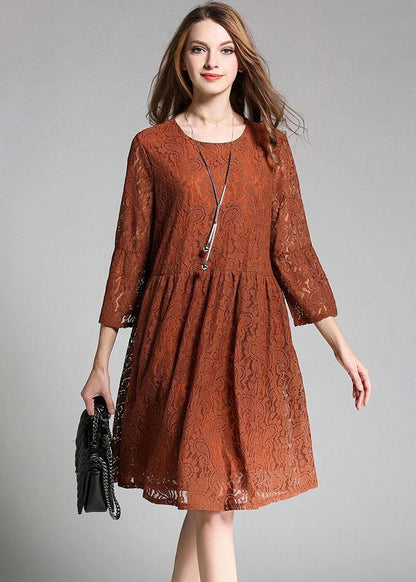 Chocolate Hollow Out Embroideried Patchwork Spring Three Quarter Sleeve Spring Dresses