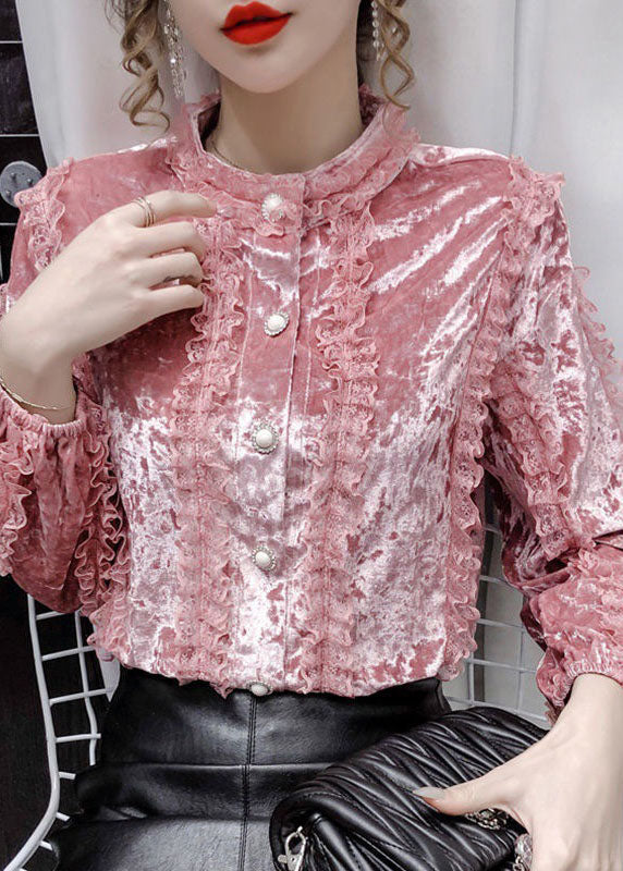 Pink Lace Patchwork Velour Blouses Stand Collar Button Long Sleeve