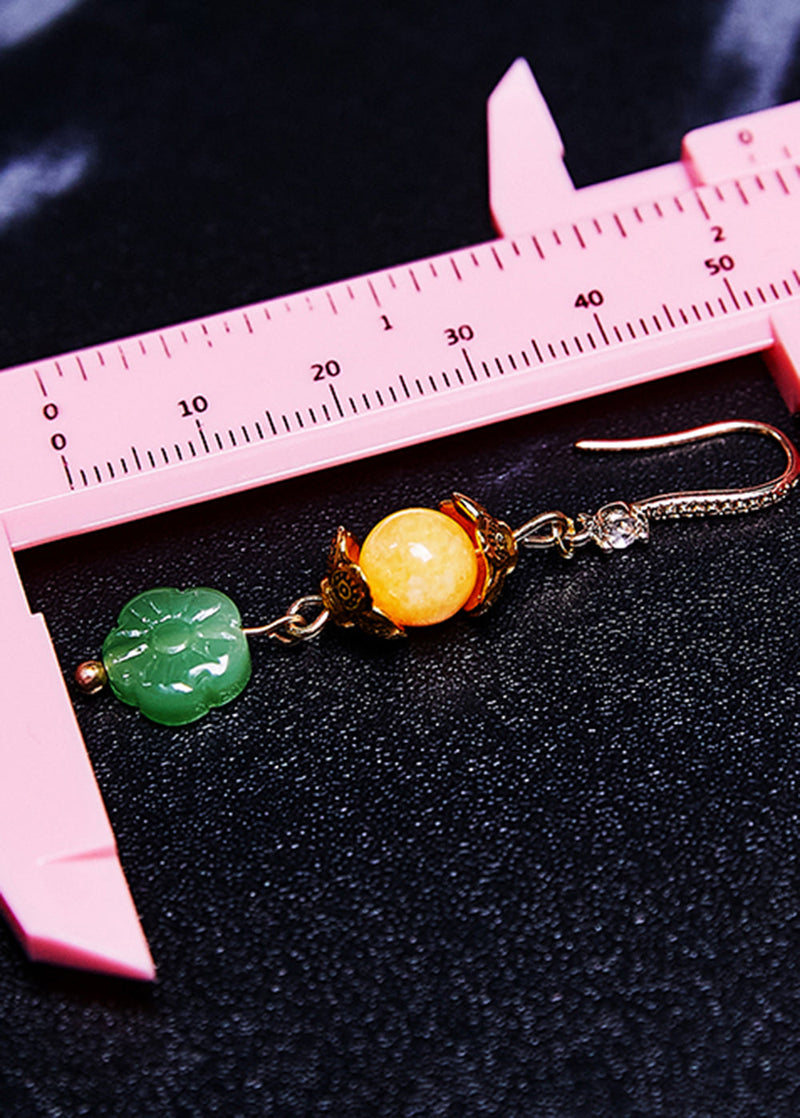 Art Green Lotus Flower Jade Connect Beeswax Drop Earrings