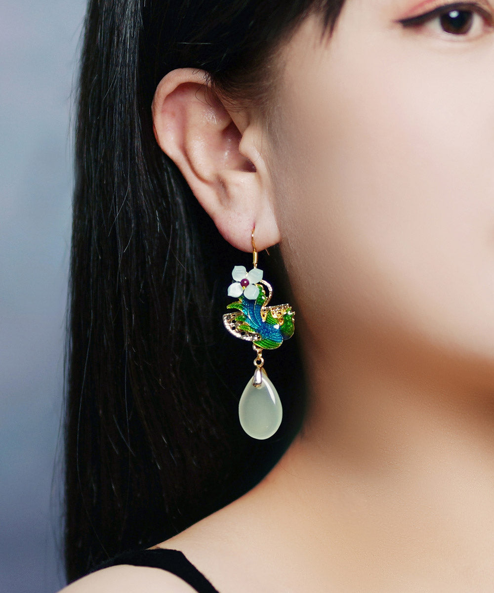 Art Light Green Jade Cloisonne Gem Stone Drip Drop Earrings