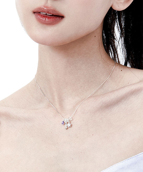 Art Purple Crystal Five Pointed Star Silver Pendant Necklace