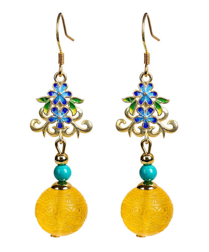 Art Yellow Sterling Silver Inlaid Amber Turquoise Drop Earrings