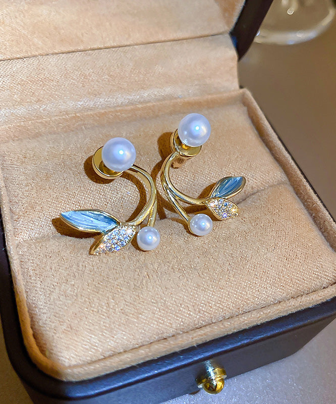 Gold Copper Overgild Zircon Pearl Leaf Hoop Earrings