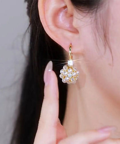 Gold Metal Overgild Pearl Zircon Ball Drop Earrings