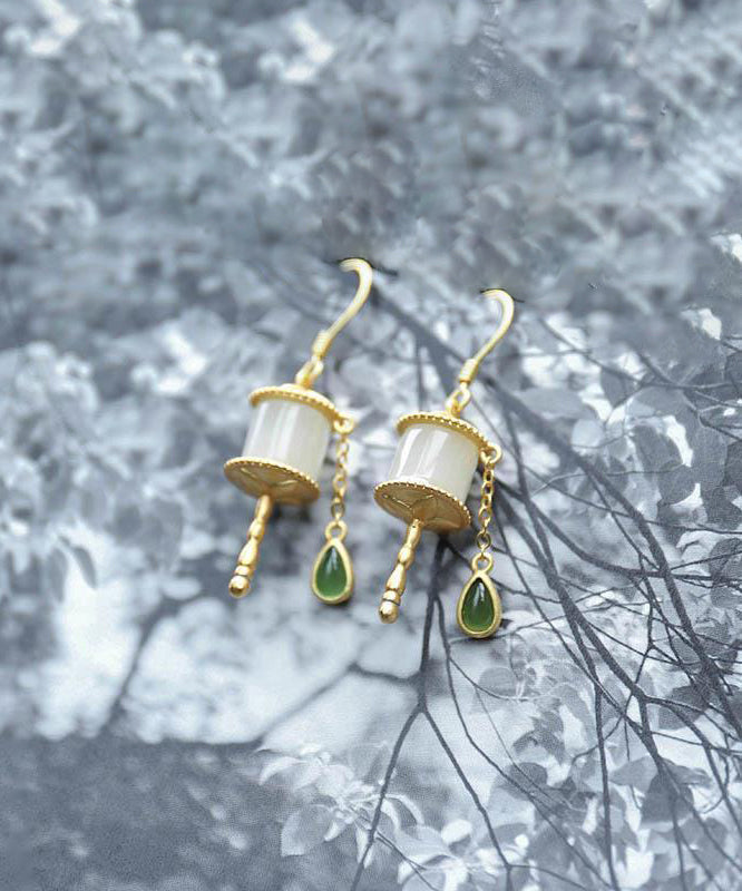 Gold Sterling Silver Overgild Jade Tassel Drop Earrings Gh1016