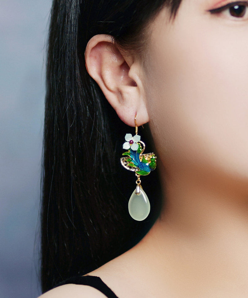 Green Jade Cloisonne Synthetic Flower Gem Stone Drip Drop Earrings