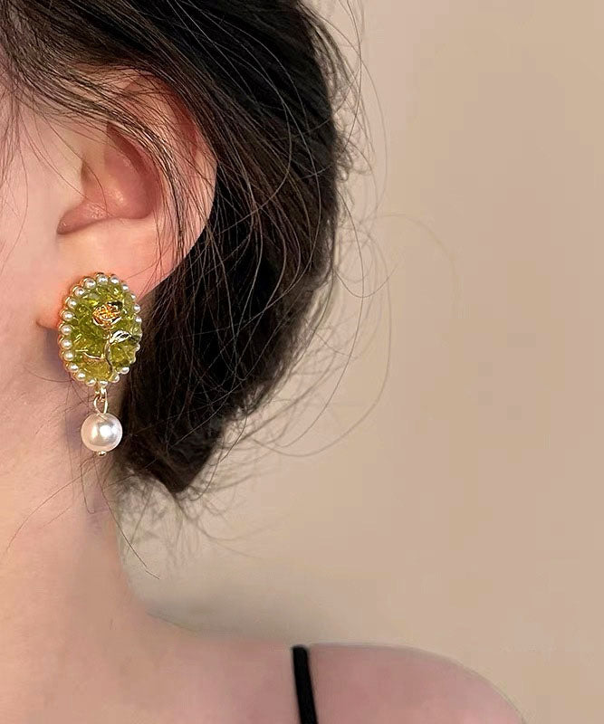 Green Sterling Silver Alloy Pearl Resin Drop Earrings