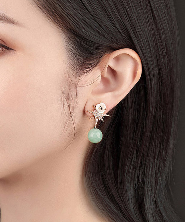 Light Green Sterling Silver Zircon Shell Flower Pearl Hoop Earrings