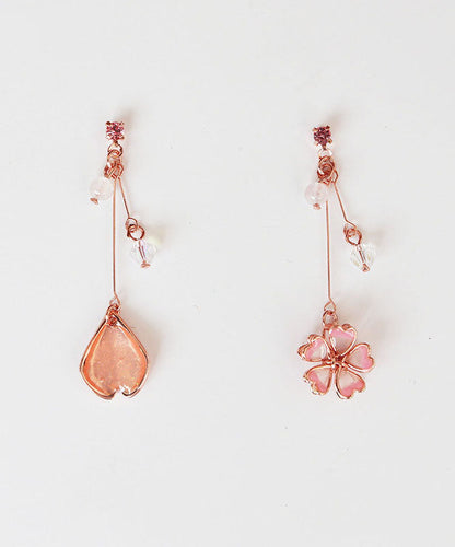 Pink Water Drops and Cherry Blossoms Crystal Asymmetrical Design Drop Earrings