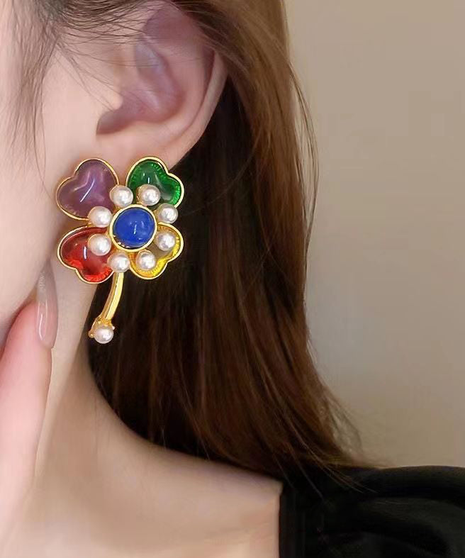 Rainbow Sterling Silver Overgild Pearl Stud Earrings Df1028
