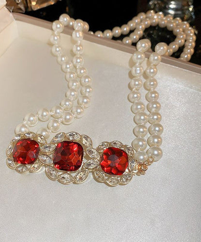 Red Alloy Zircon Bilayer Pearl Graduated Bead Necklace